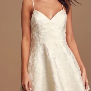 Lulu’s cream skater cocktail dress gold accents